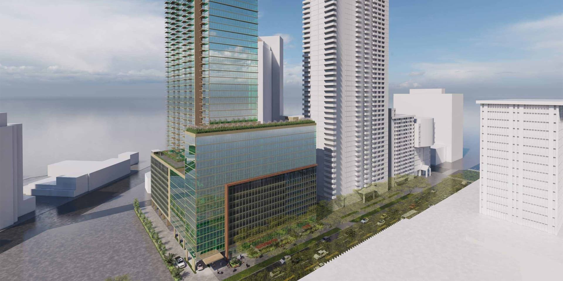 Initial rendering of 1667 Kapiolani Tower with view towards Ala Moana beach.