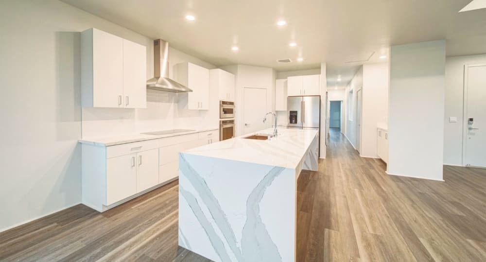 A shot showing the kitchen and hallway in Plan 20.