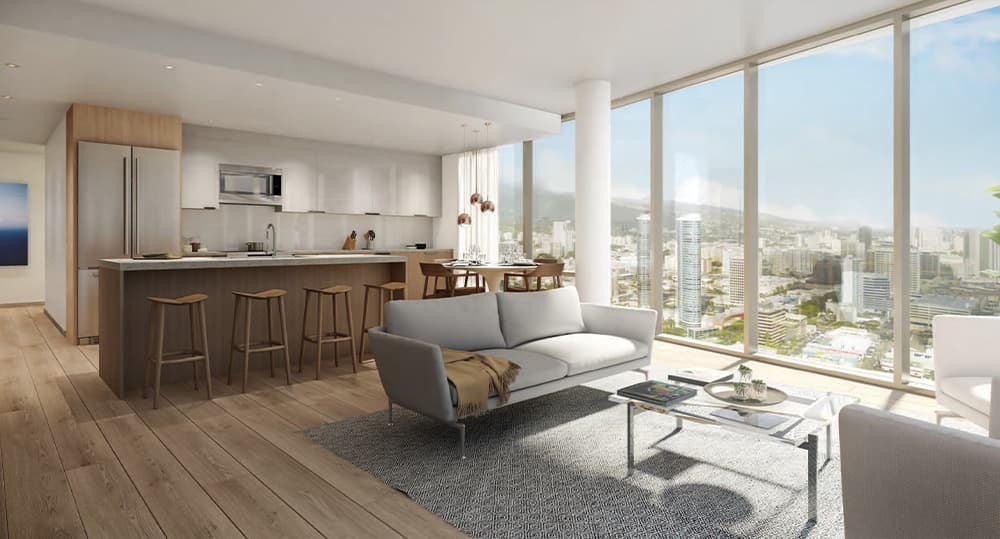 An early rendering of living area and kitchen.