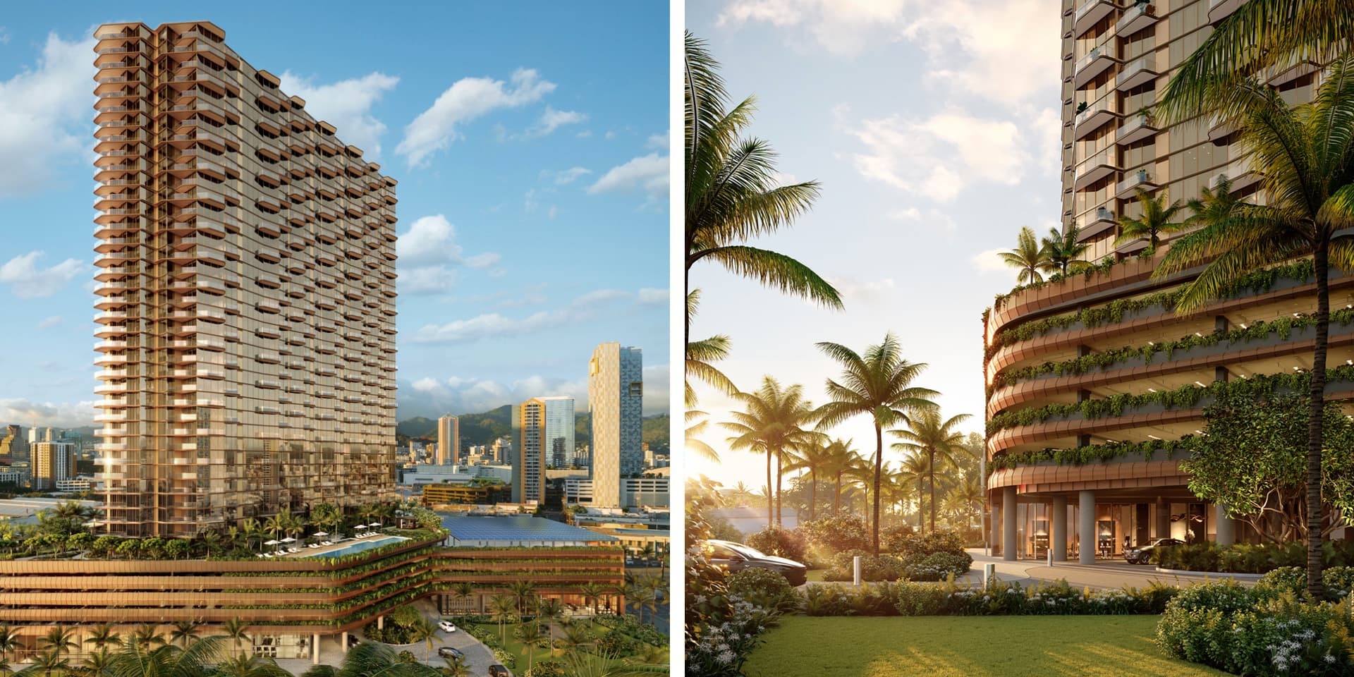 New renderings of the condo viewed from Ala Moana Blvd and Port Cochere from the garden.