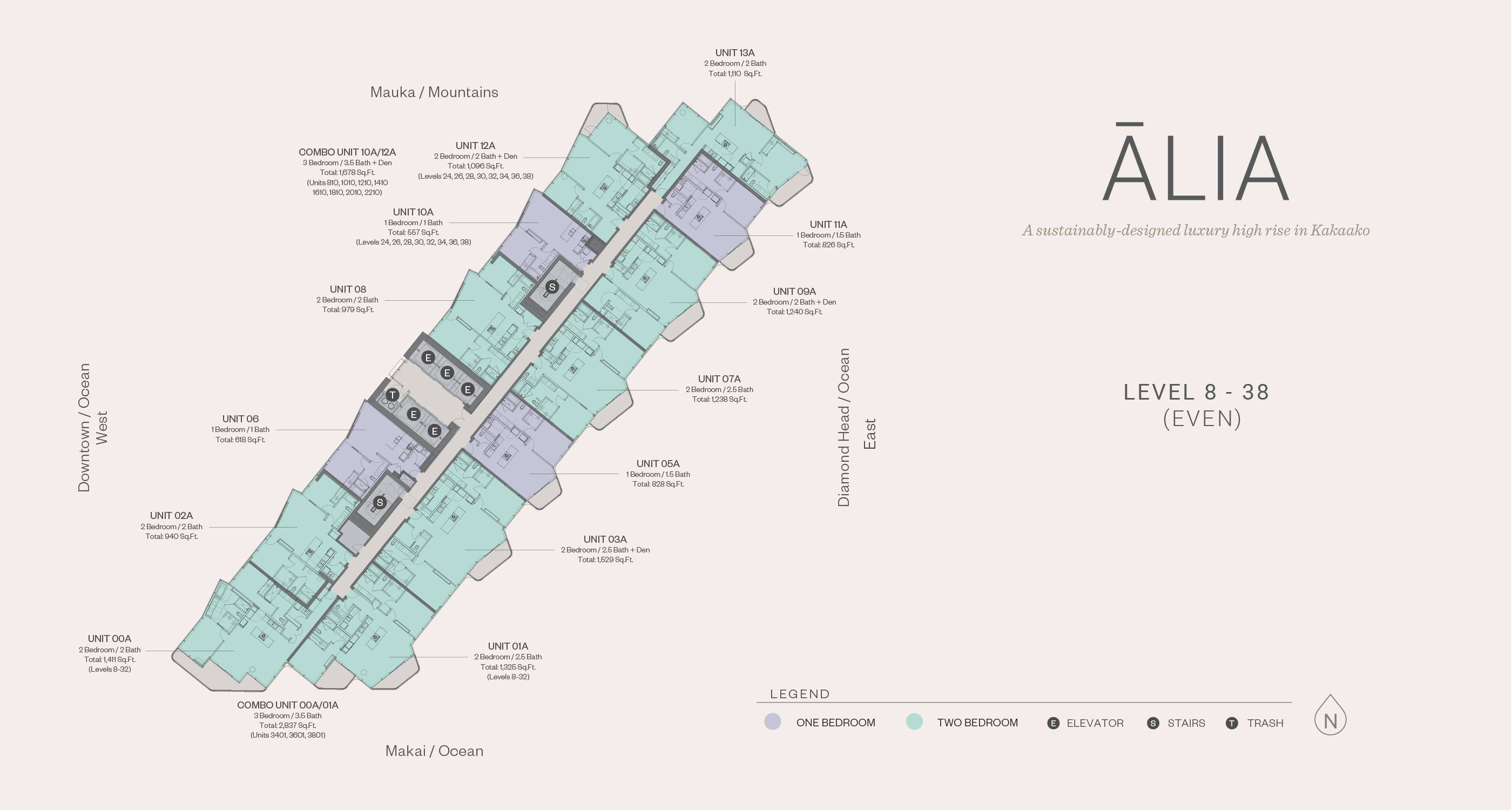 Alia's floor plans on even floors 8 to 38