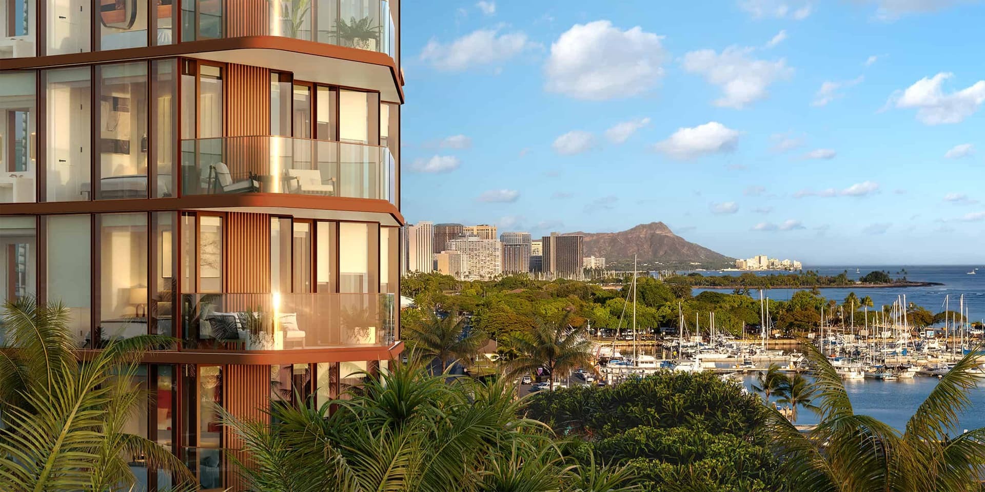 Rendering showing Alia with a view of Kewalo Harbor and Diamond Head in the background.