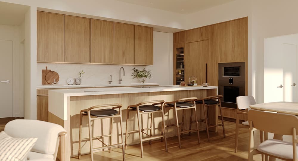 Kitchen showing Caesarstone countertop and Duchateau European white oak wide-plank wood floor.