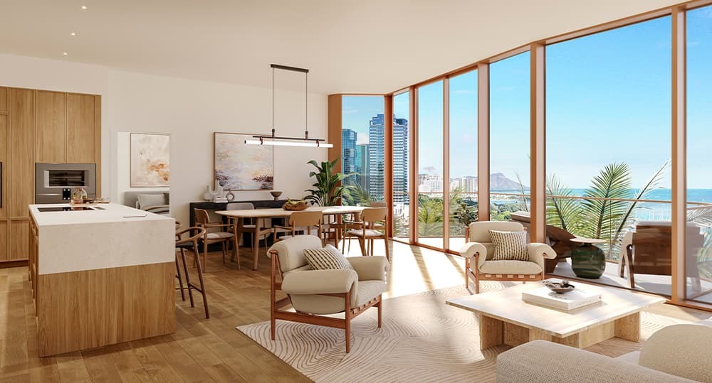 Floor-to-ceiling windows with a view of Diamond Head.