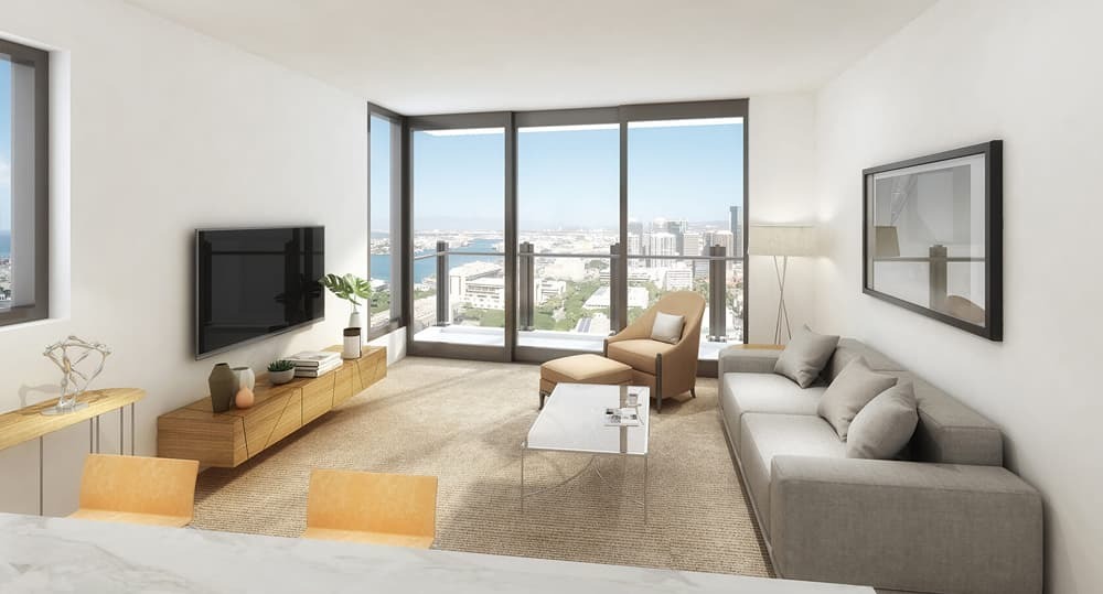 Living area with windows facing west.