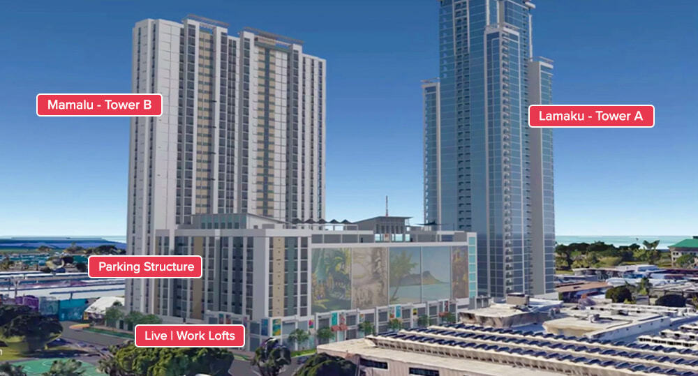 View from Coral St. & Pohukaina St. showing location of lofts and towers.