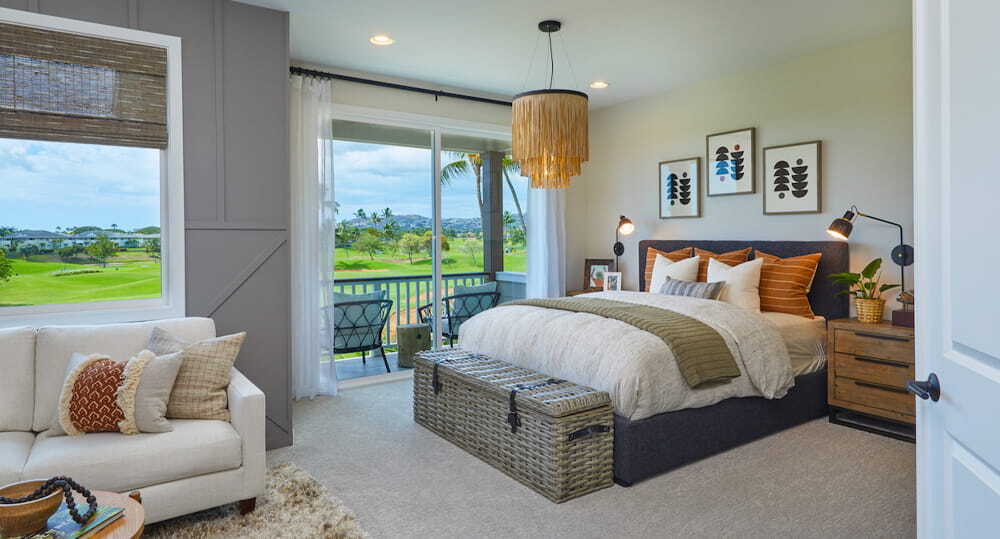 Plan 1 (Ha‘aheo) Master bedroom with views of Kapolei Golf Course.