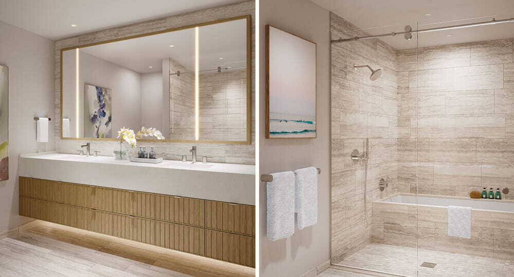 Bathrooms will include StudioBecker cabinetry, ﻿Quartz countertops, and designer accent lighting.
