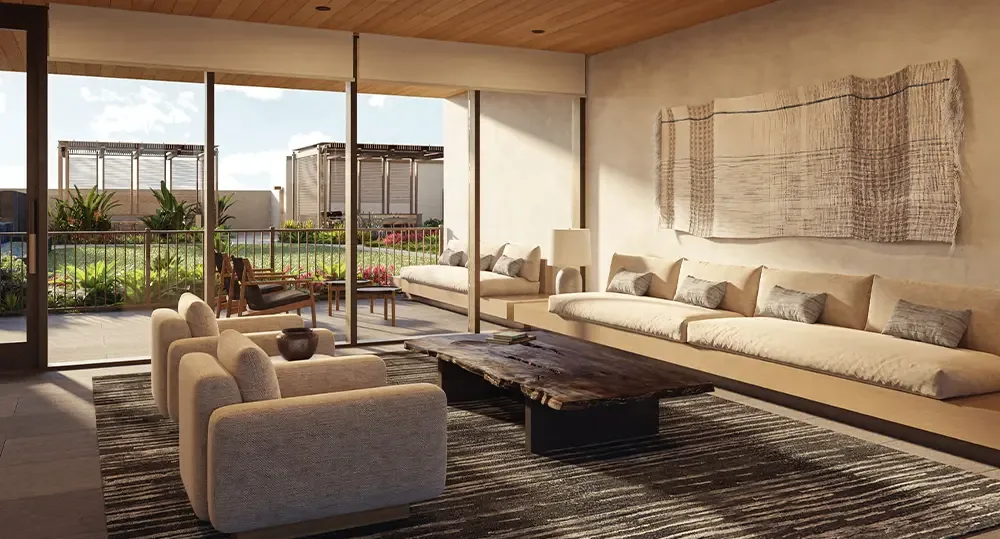 BBQ Cabanas in background seen from terrace.