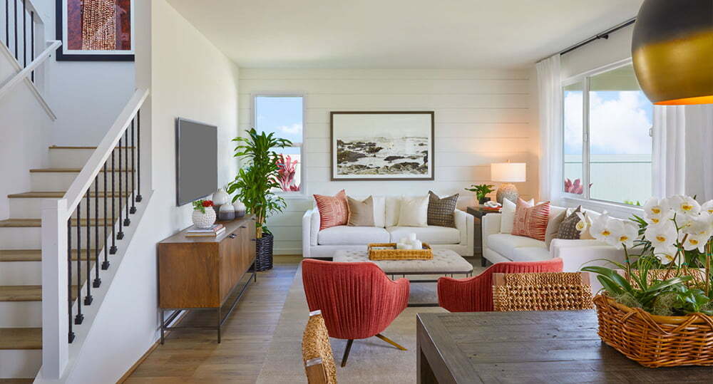 A staged living area and kitchen from floor plan 3 (Maluhia).