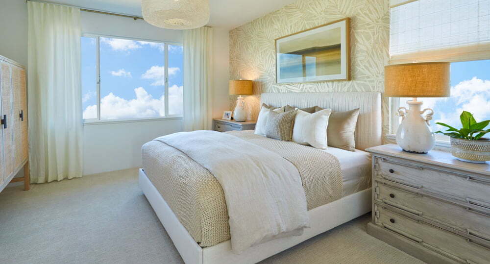 Staged master bedroom from Makamae's plan 4 (A‘ilana).