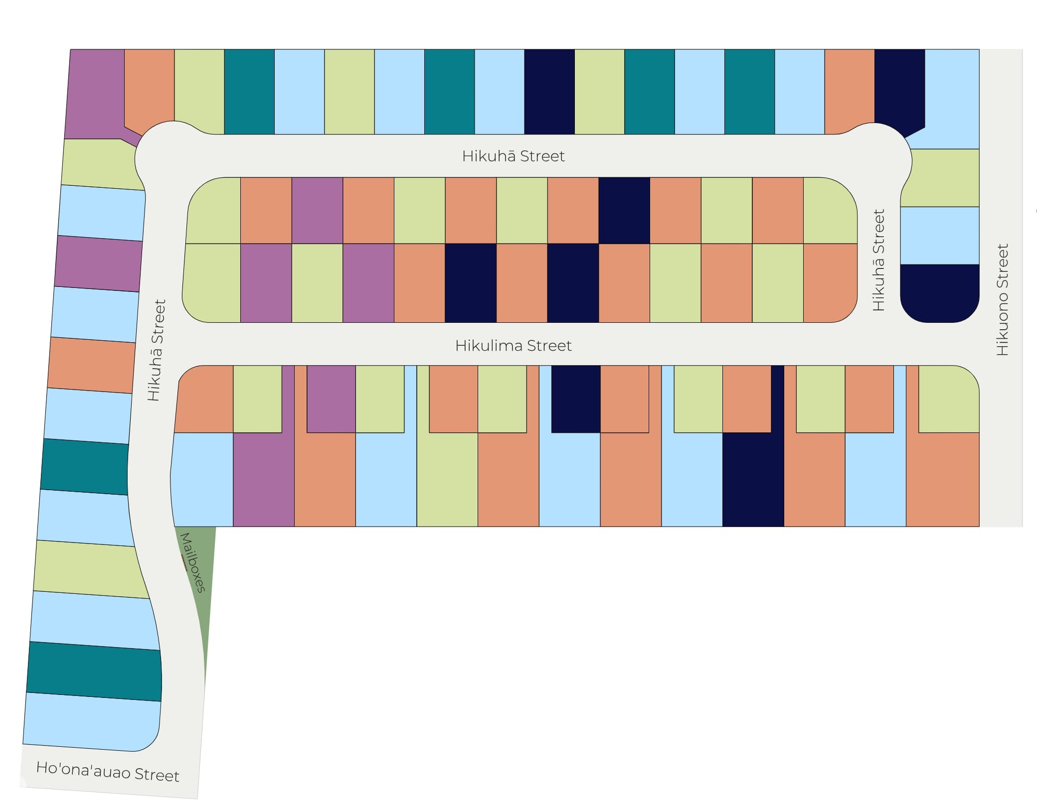 Site plan, color-coded by floor plan.