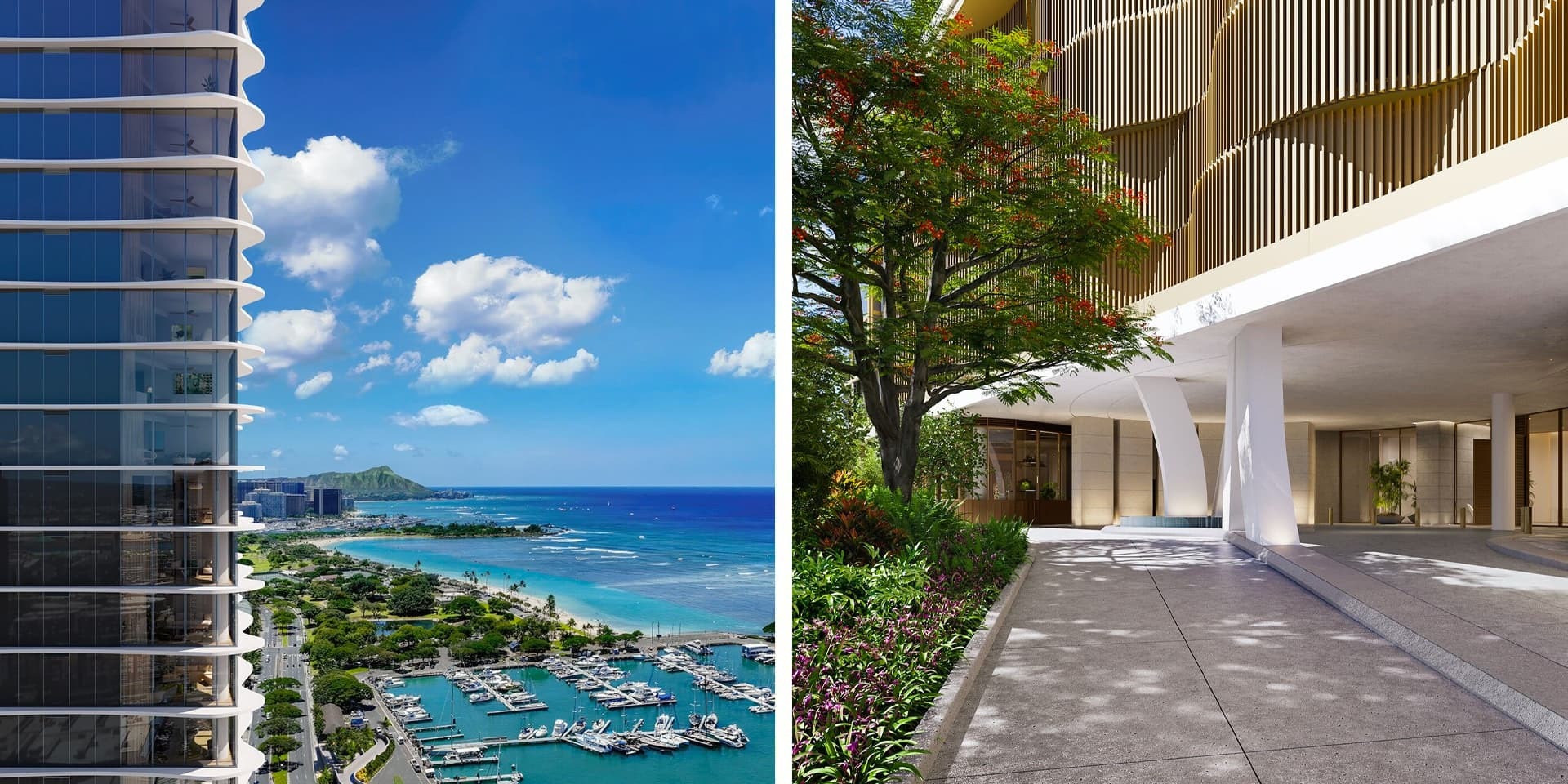 Launiu's aerial view of Diamond Head and the ocean, and another rendering showing the entrance to the tower.