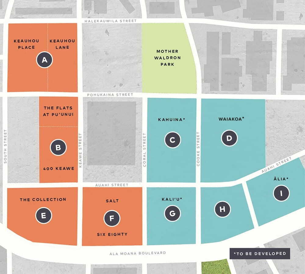A map of the Kaiaulu o Kakaako Master Plan.