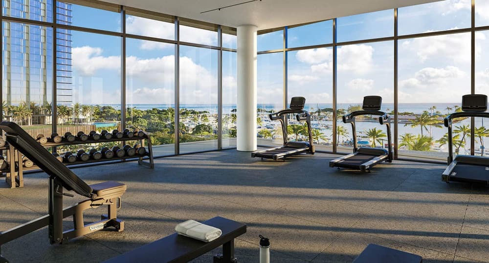 Fitness Center with beautiful views from the 8th floor.