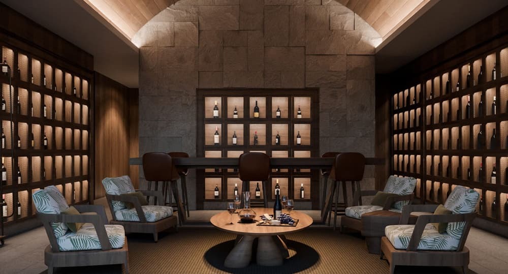 A rustic wine room with private lockers.