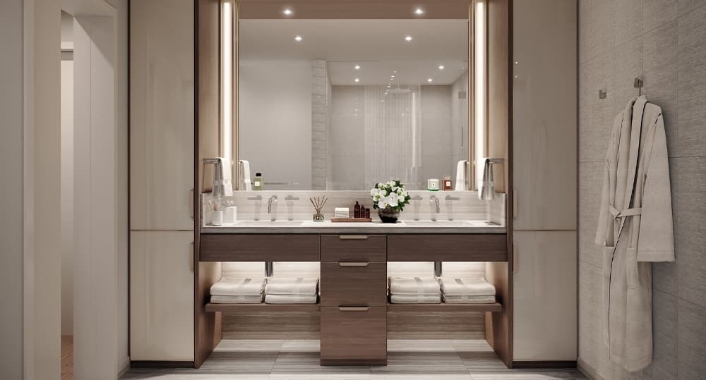 Bathrooms feature marble vanities and wood cabinets.