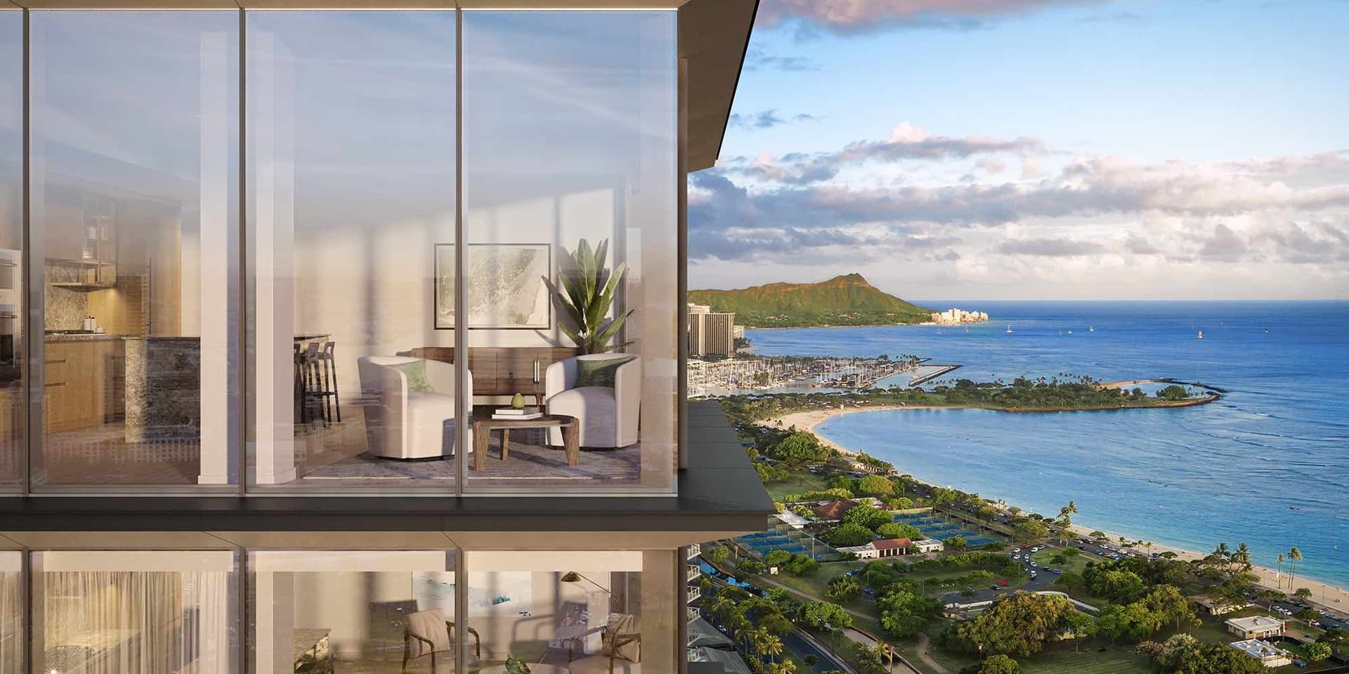 Floor-to-ceiling windows with a view of Ala Moana Beach and Diamond Head in the background.