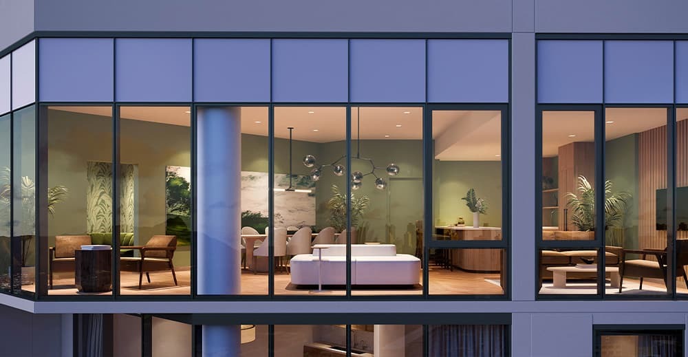 Floor-to-ceiling glass windows.